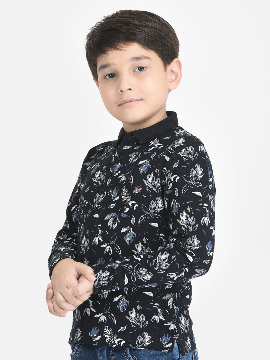 Navy Blue Floral Print T-Shirt-Boys T-Shirts-Crimsoune Club