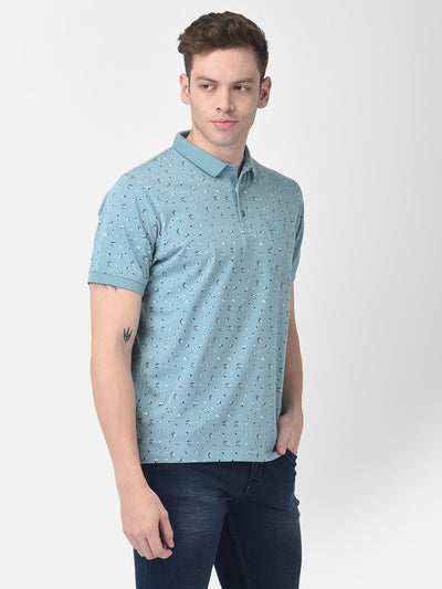 Light Blue Floral Polo T-Shirt-Men T-Shirts-Crimsoune Club