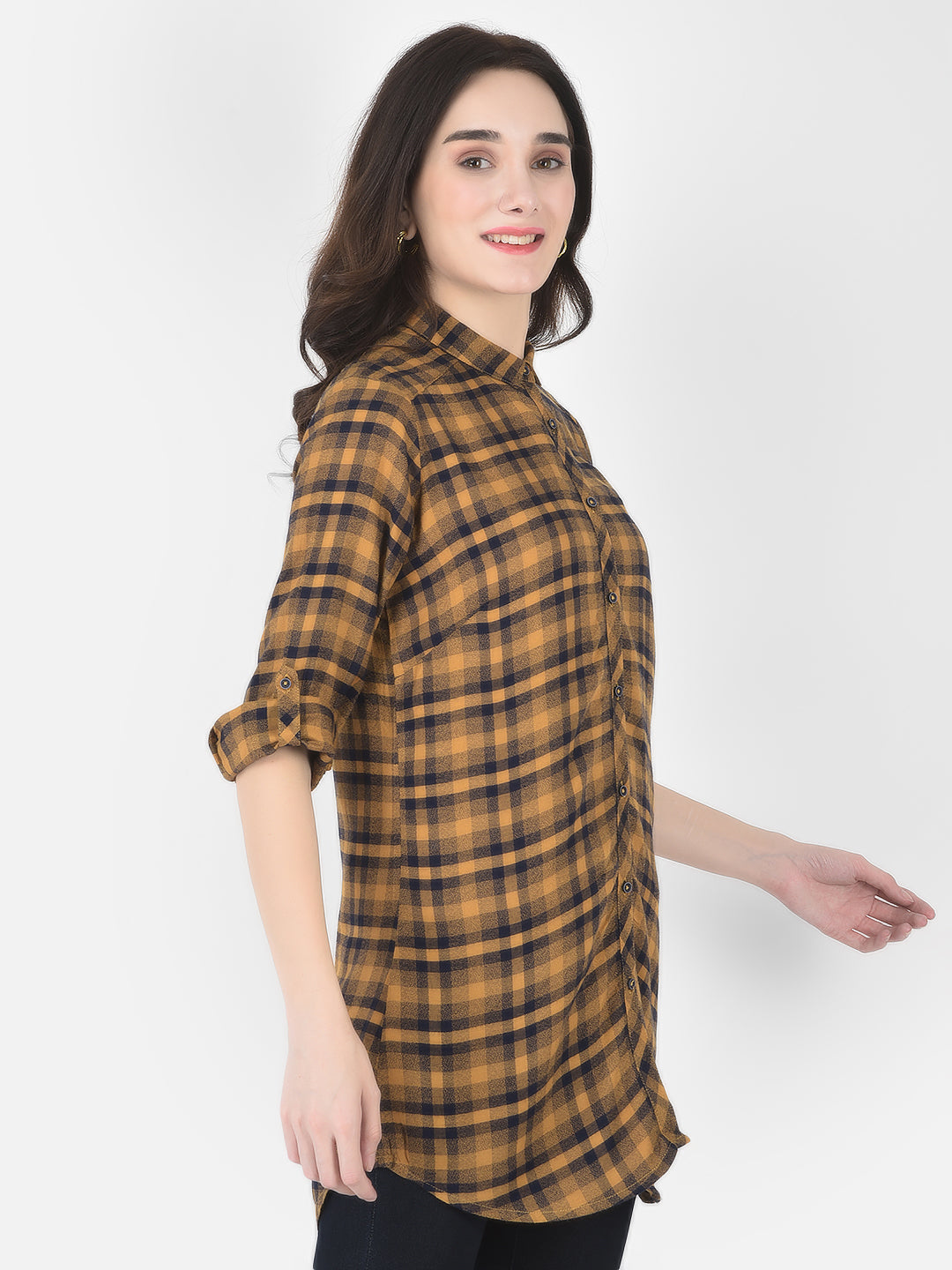 Mustard Yellow Longline Checked Shirt - Women Shirts