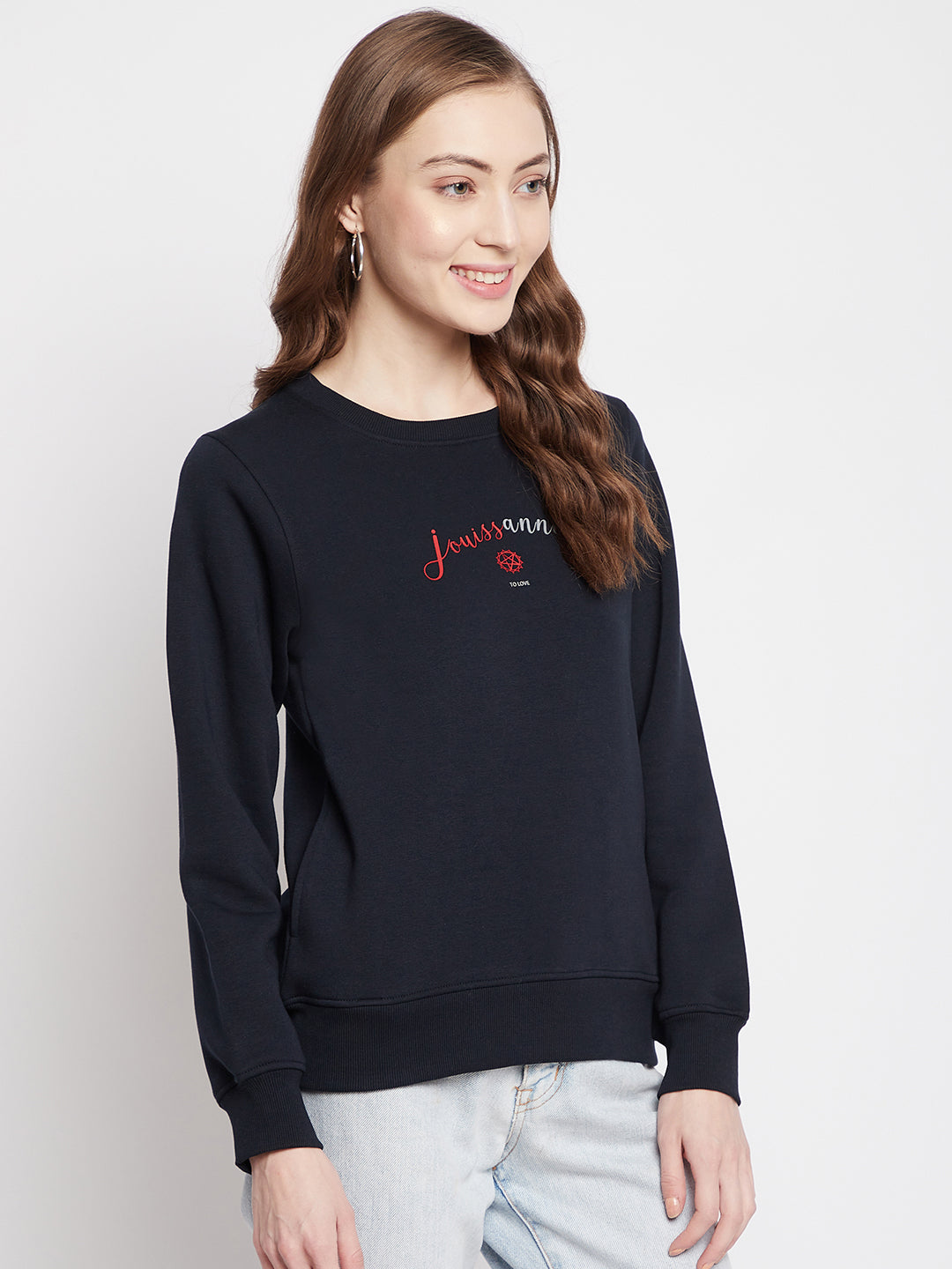 Navy Blue Printed Round Neck Sweatshirt - Women Sweatshirts