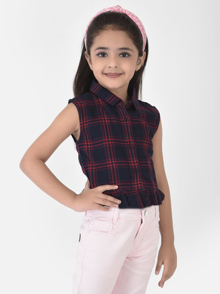 Navy Blue Tartan Checked Crop Shirt - Girls Shirts