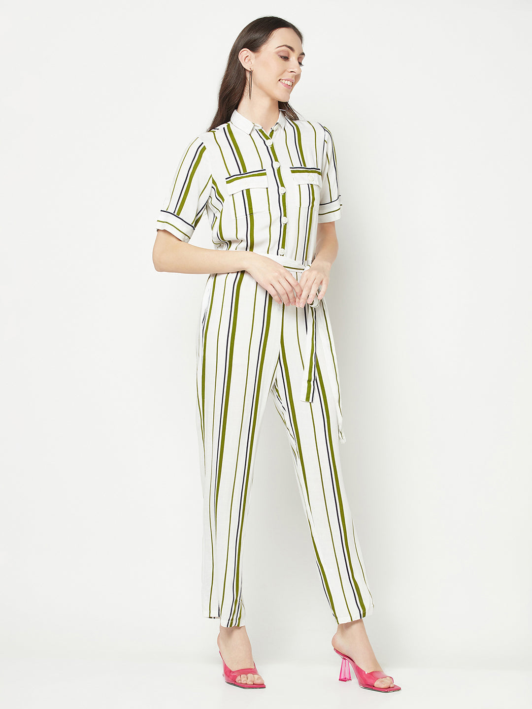  Olive Striped Basic Jumpsuit