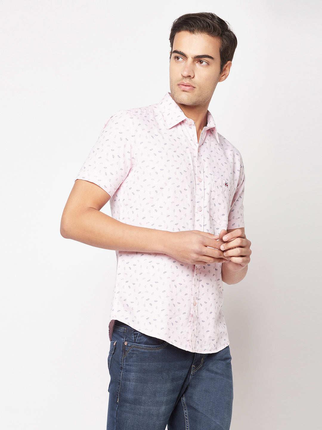  Short-Sleeved Light Pink Floral Shirt