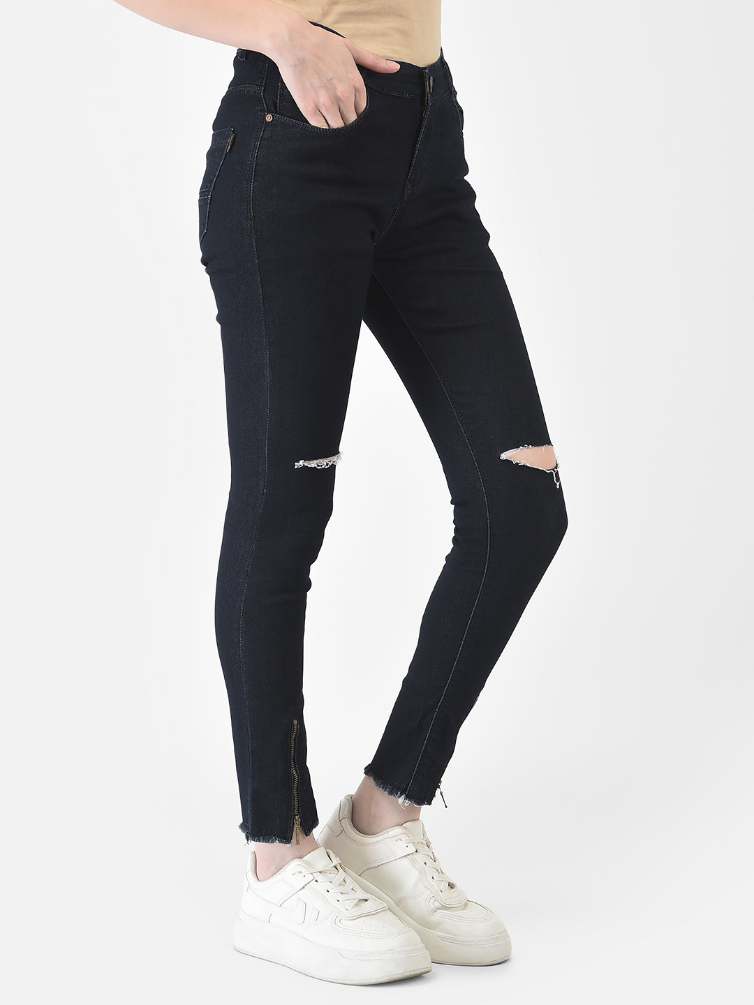 Navy Blue Slash Knee Jeans - Women Jeans