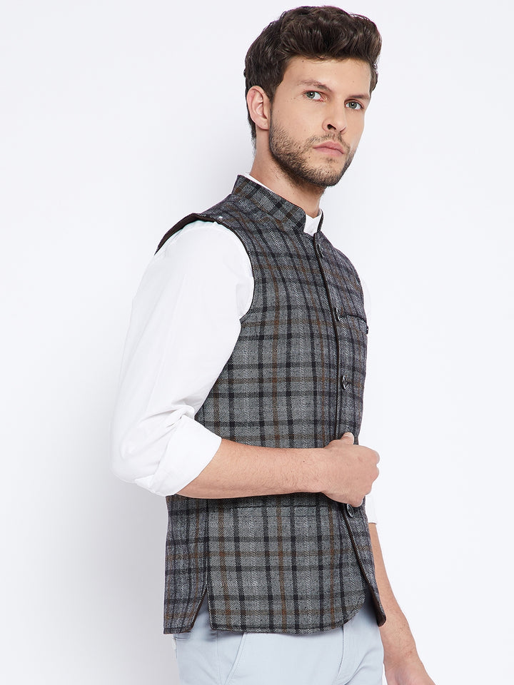 Grey Checked Reversible Waistcoat - Men Waist Coat