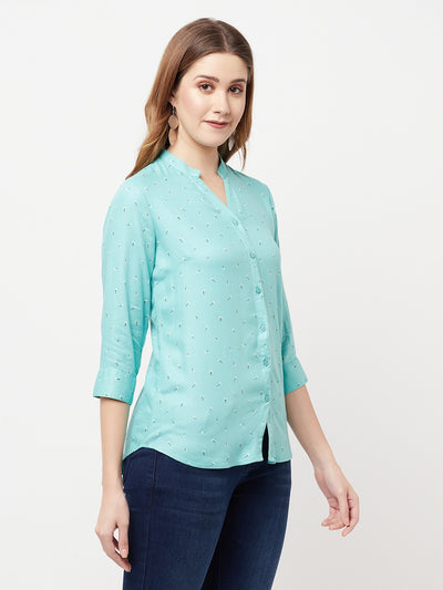 Mint-Green Floral Printed V-Neck Shirt - Women Shirts