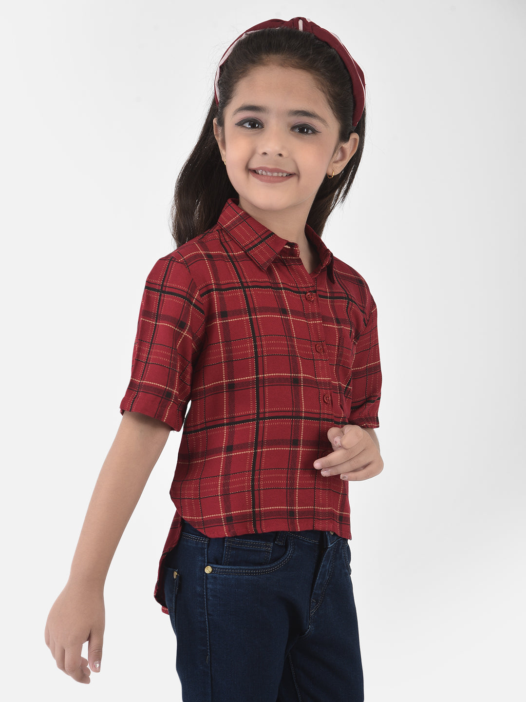 Red High-Low Checked Crop Shirt - Girls Shirts