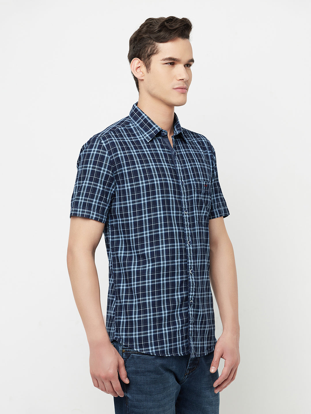 Navy Blue Checked Shirt - Men Shirts