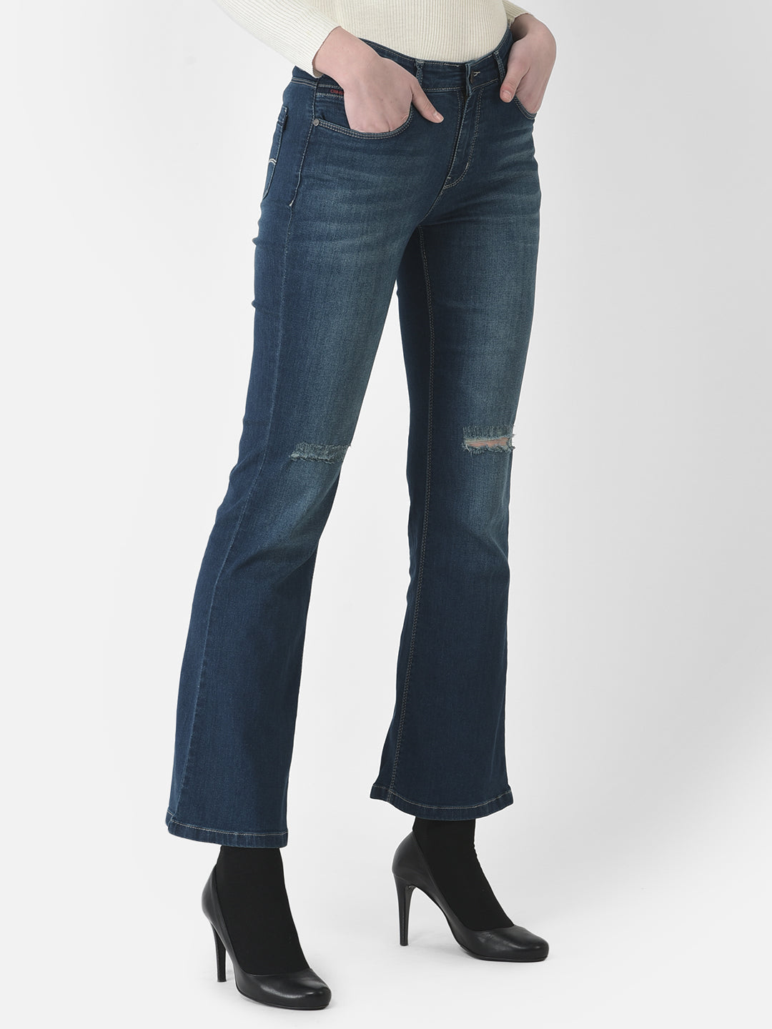  Blue Wide-Leg Distressed Jeans