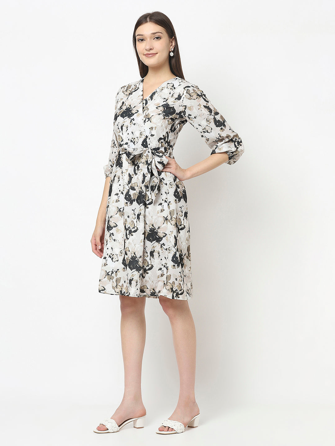 Off-White Floral Dress with Tie-Up Detail