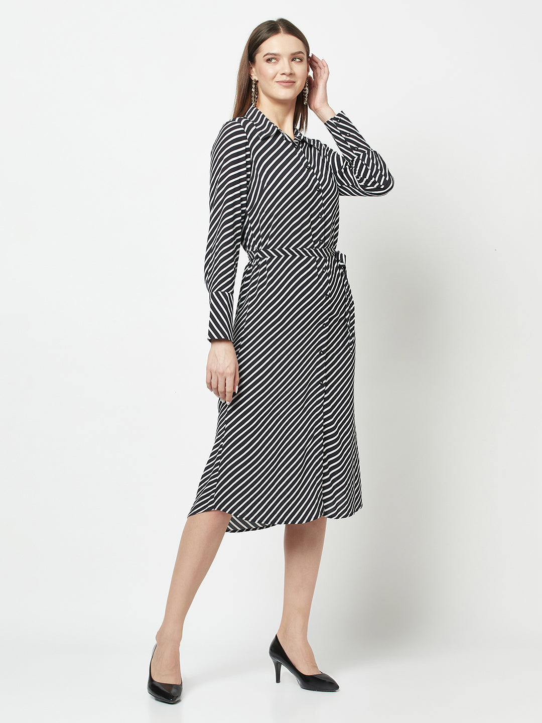 Striped Bell-Sleeved Dress-Women Dresses-Crimsoune Club