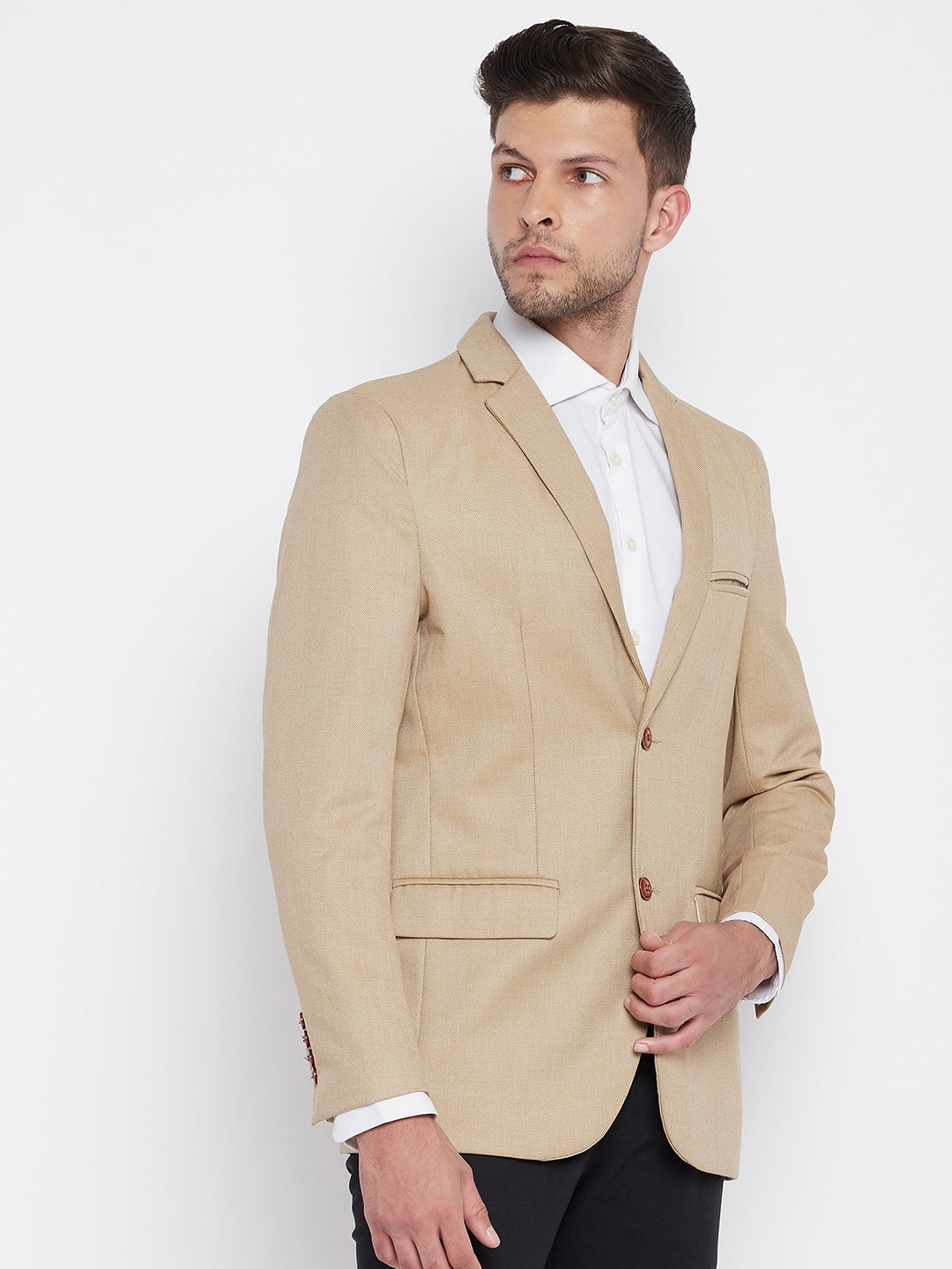 Beige Notched Lapel Blazer - Men Blazers