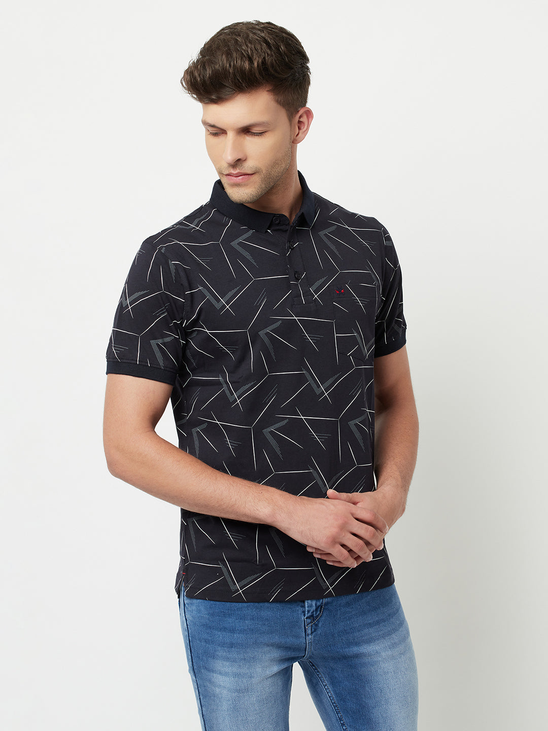Navy Blue Printed Polo T-Shirt-Men T-Shirts-Crimsoune Club