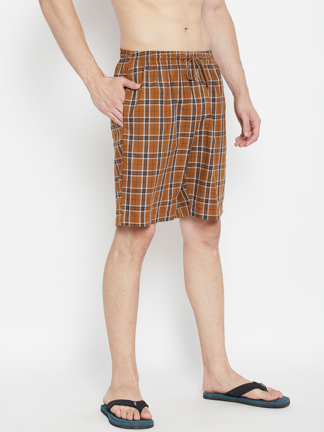 Mustard Checked Slim Fit Lounge Shorts - Men Lounge Shorts