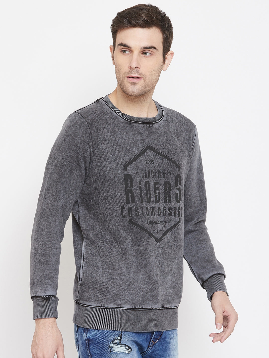 Grey Printed Round Neck Sweatshirt - Men Sweatshirts