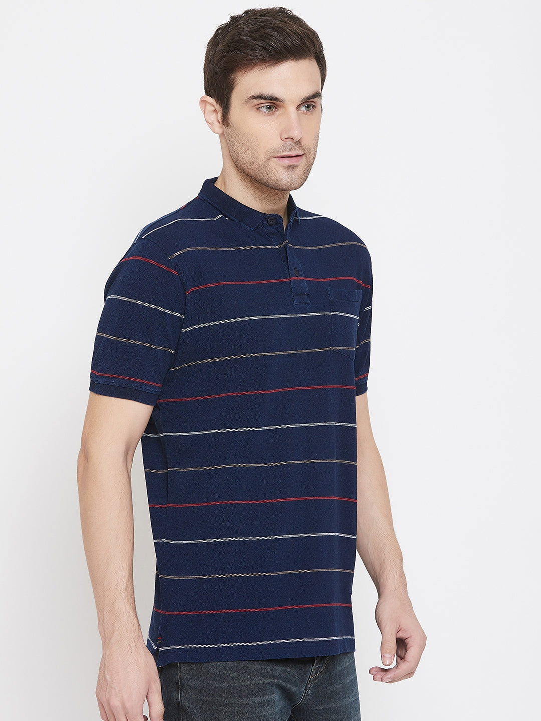 Navy Blue Striped Polo Neck T-Shirt - Men T-Shirts