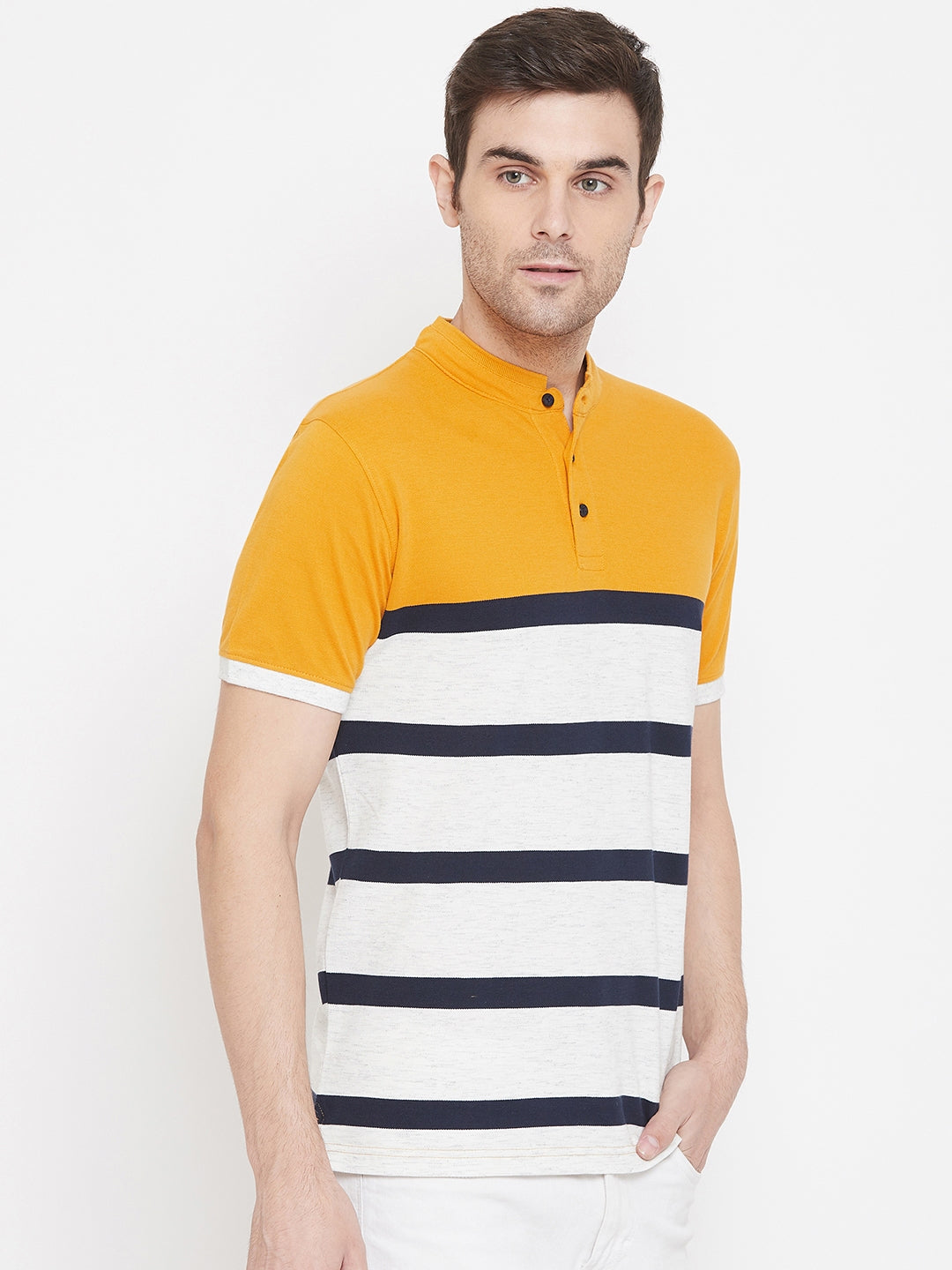 Yellow Striped Mandarin Neck T-Shirt - Men T-Shirts