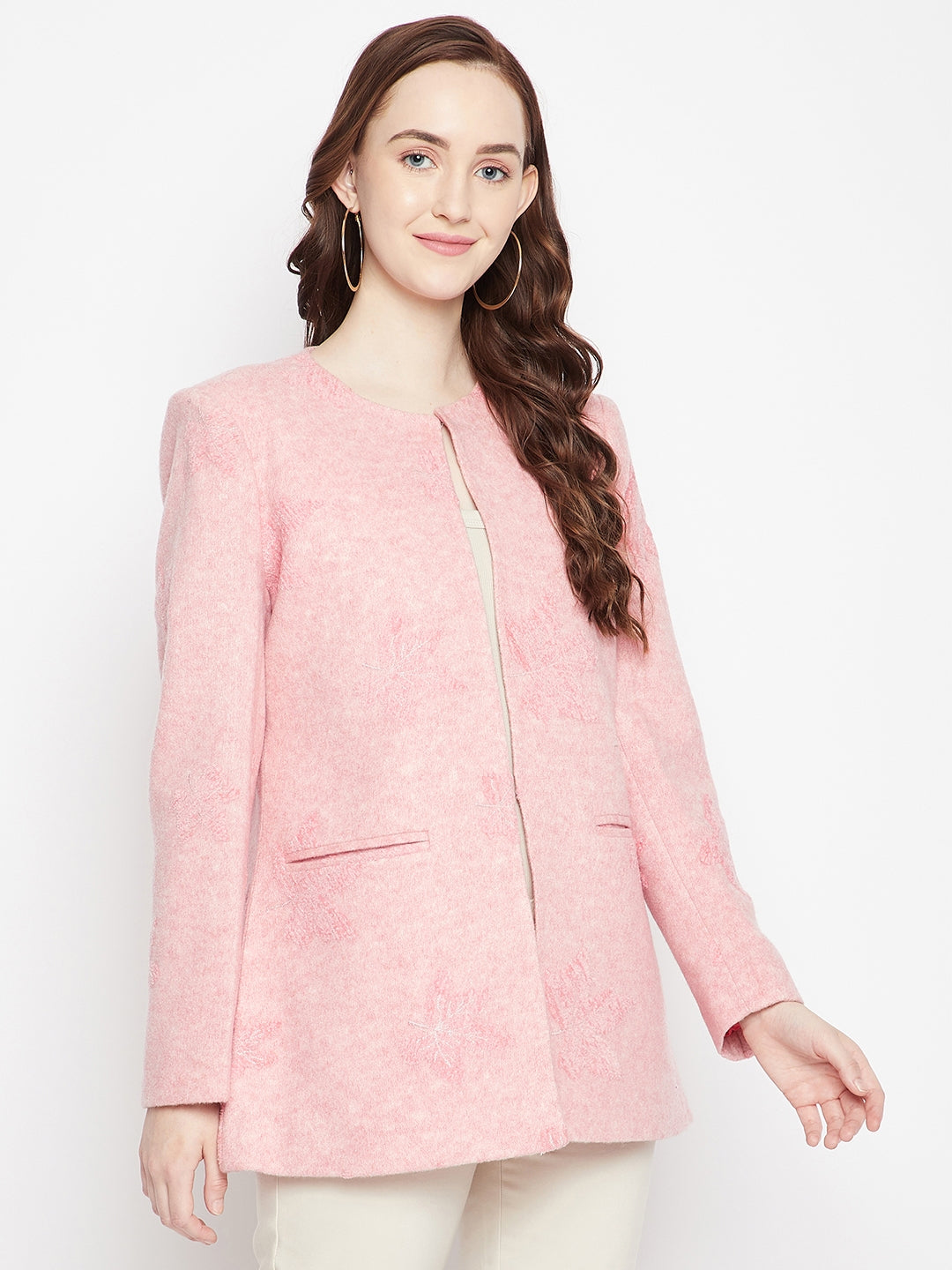 Pink Floral Round Neck Blazer-Women Blazer-Crimsoune Club