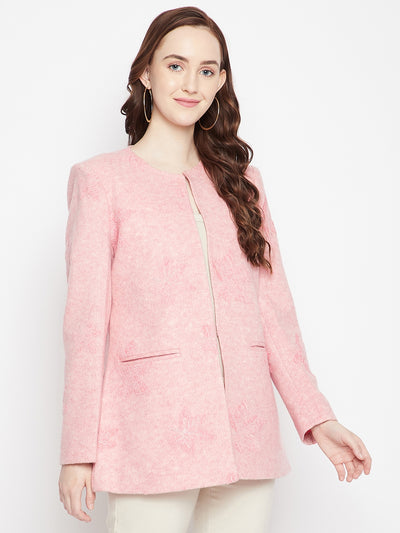 Pink Floral Round Neck Blazer-Women Blazer-Crimsoune Club