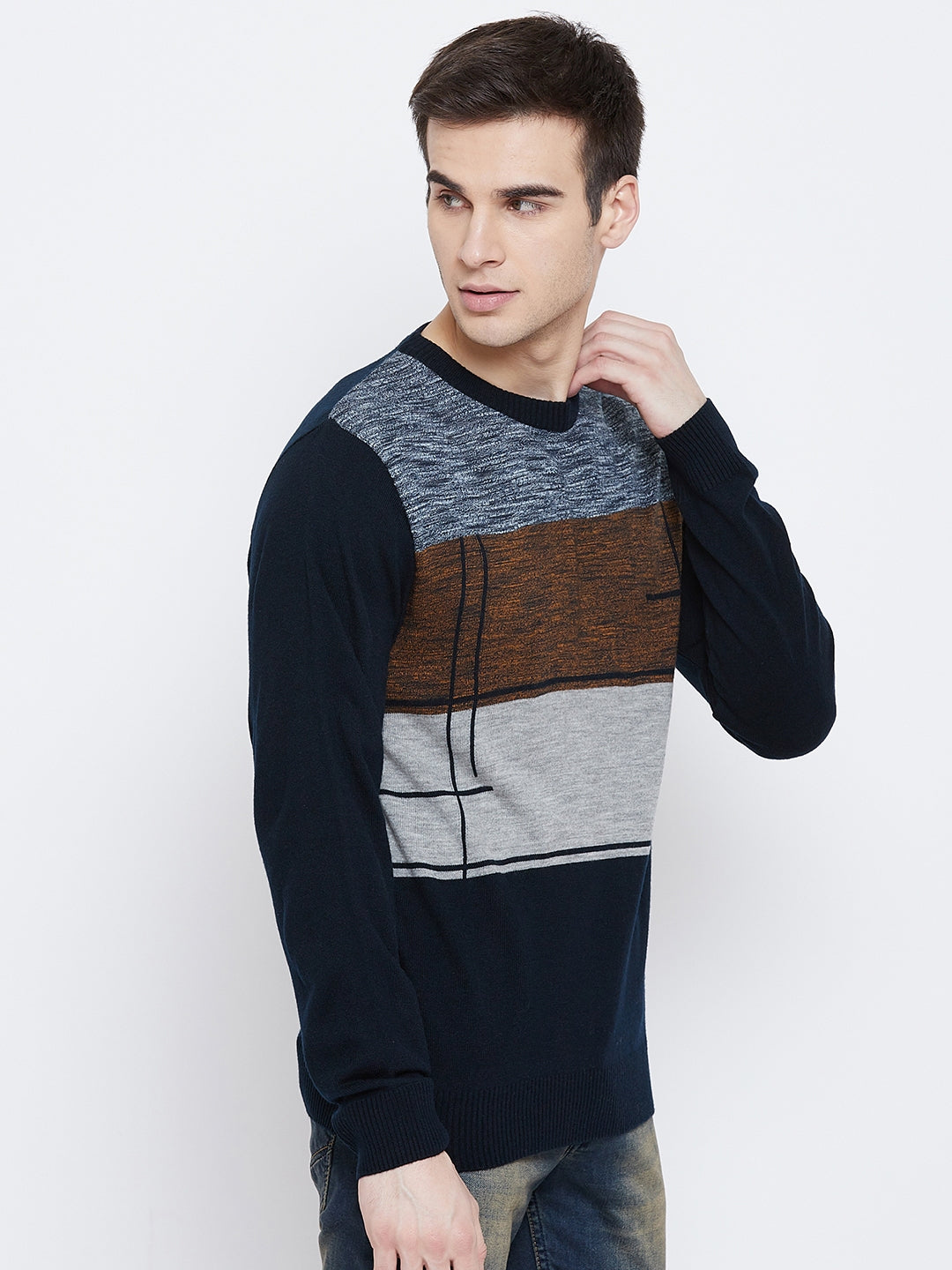 Navy Blue Colorblocked Round Neck Sweater - Men Sweaters