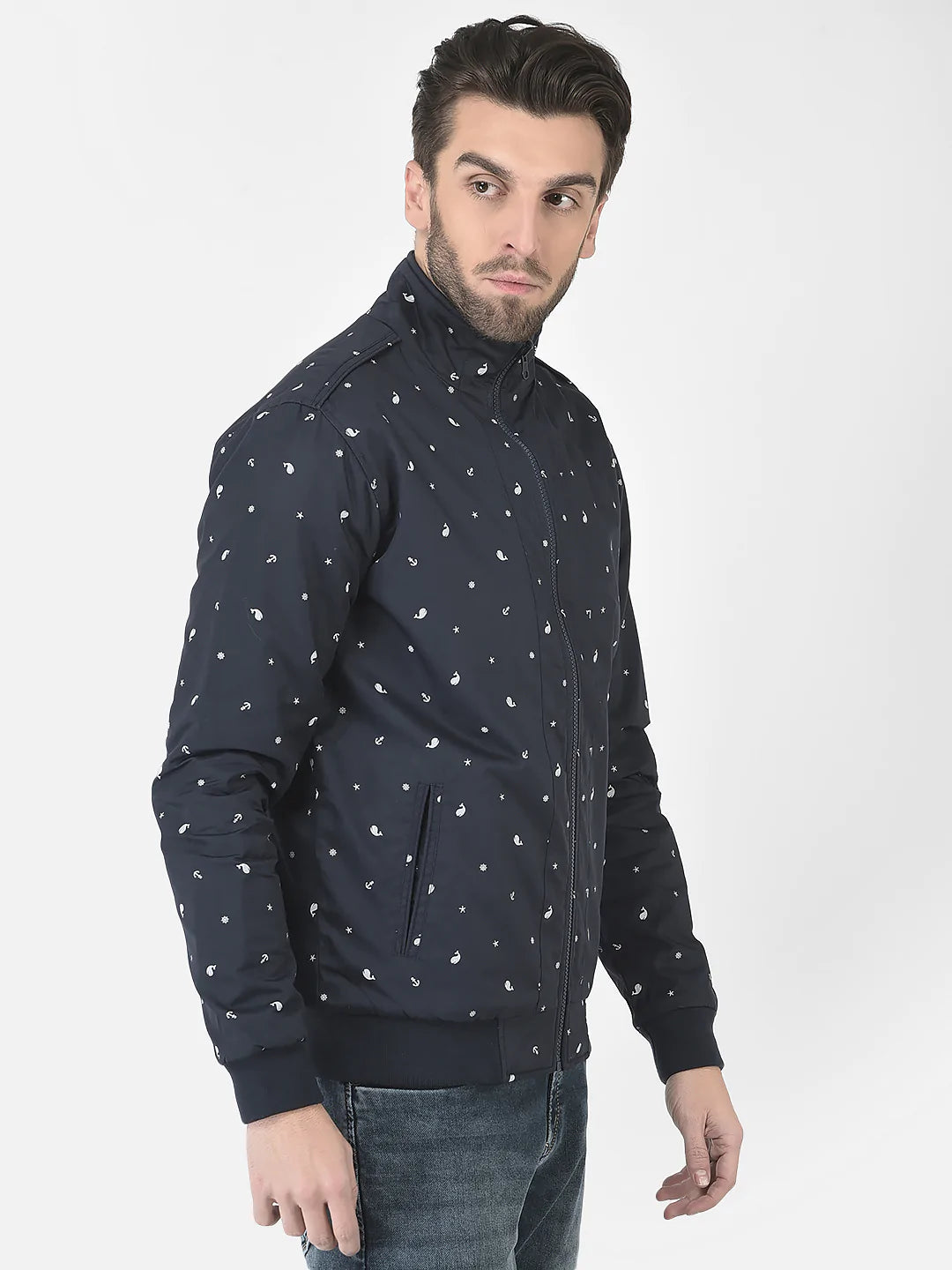  Navy Blue Printed Bomber Jacket