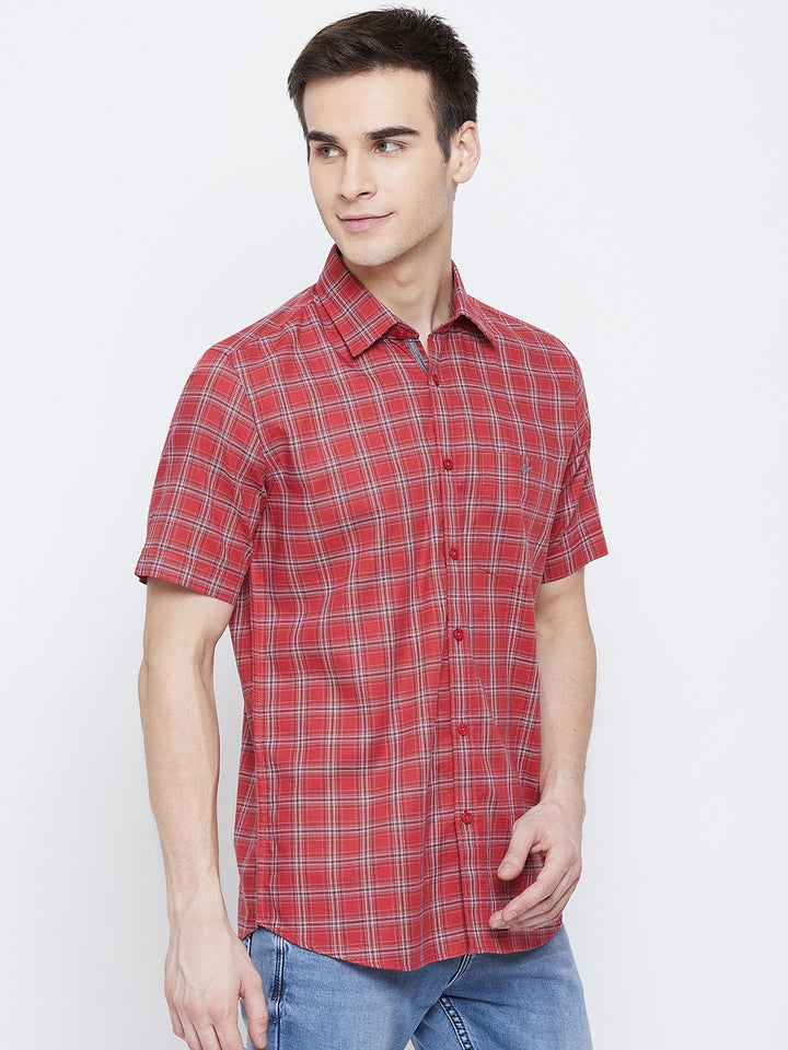 Red Checked Spread Collar Slim Fit Shirt - Men Shirts