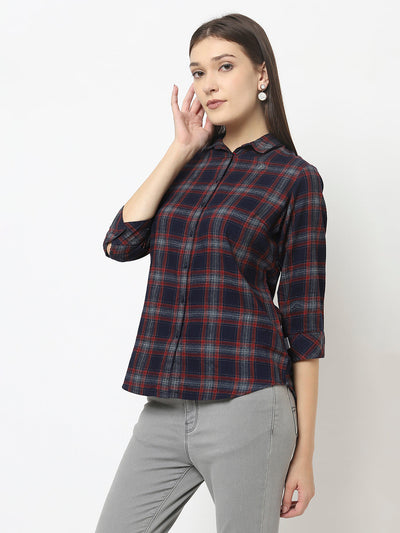 Navy Blue Checked Shirt with Asymmetrical Hemline