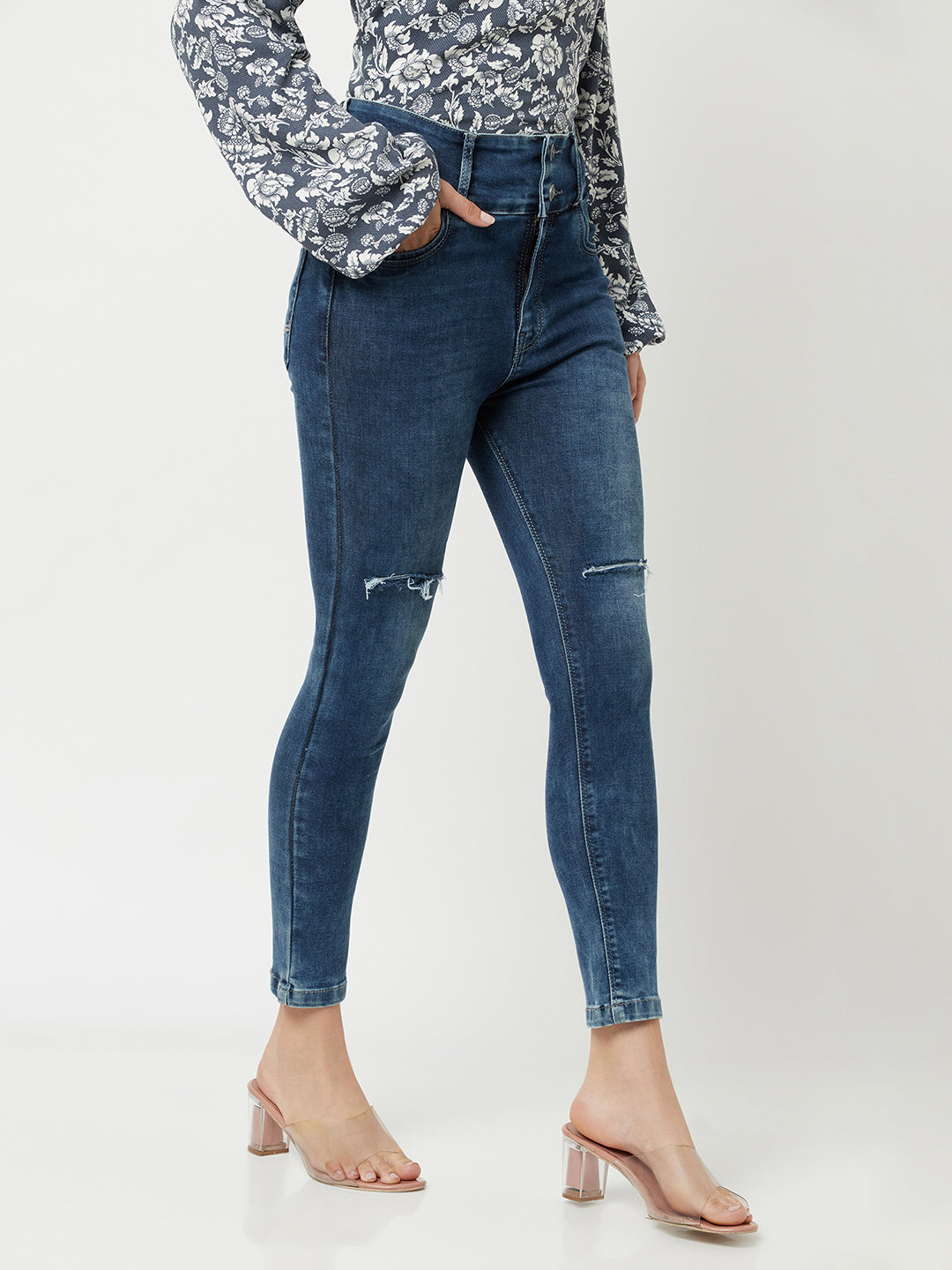 High Waisted Blue Jeans-Women Jeans-Crimsoune Club