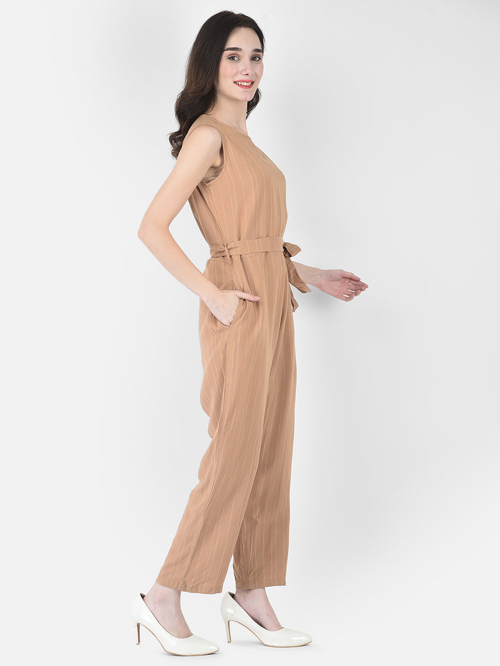 Khaki Striped Jumpsuit-Women Dungarees-Crimsoune Club