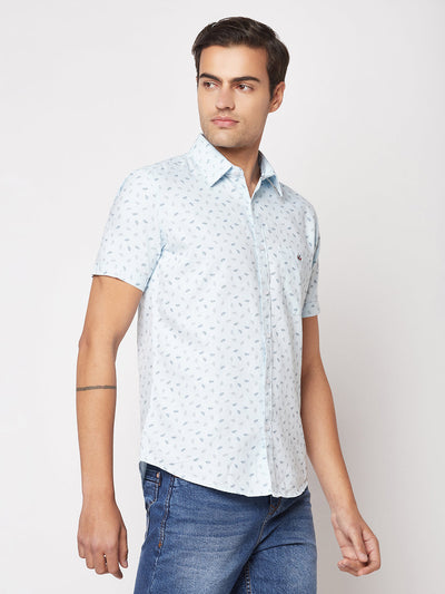  Short-Sleeved Sky Blue Floral Shirt