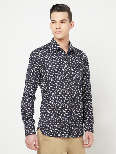 Navy Blue Floral Printed Shirt - Men Shirts