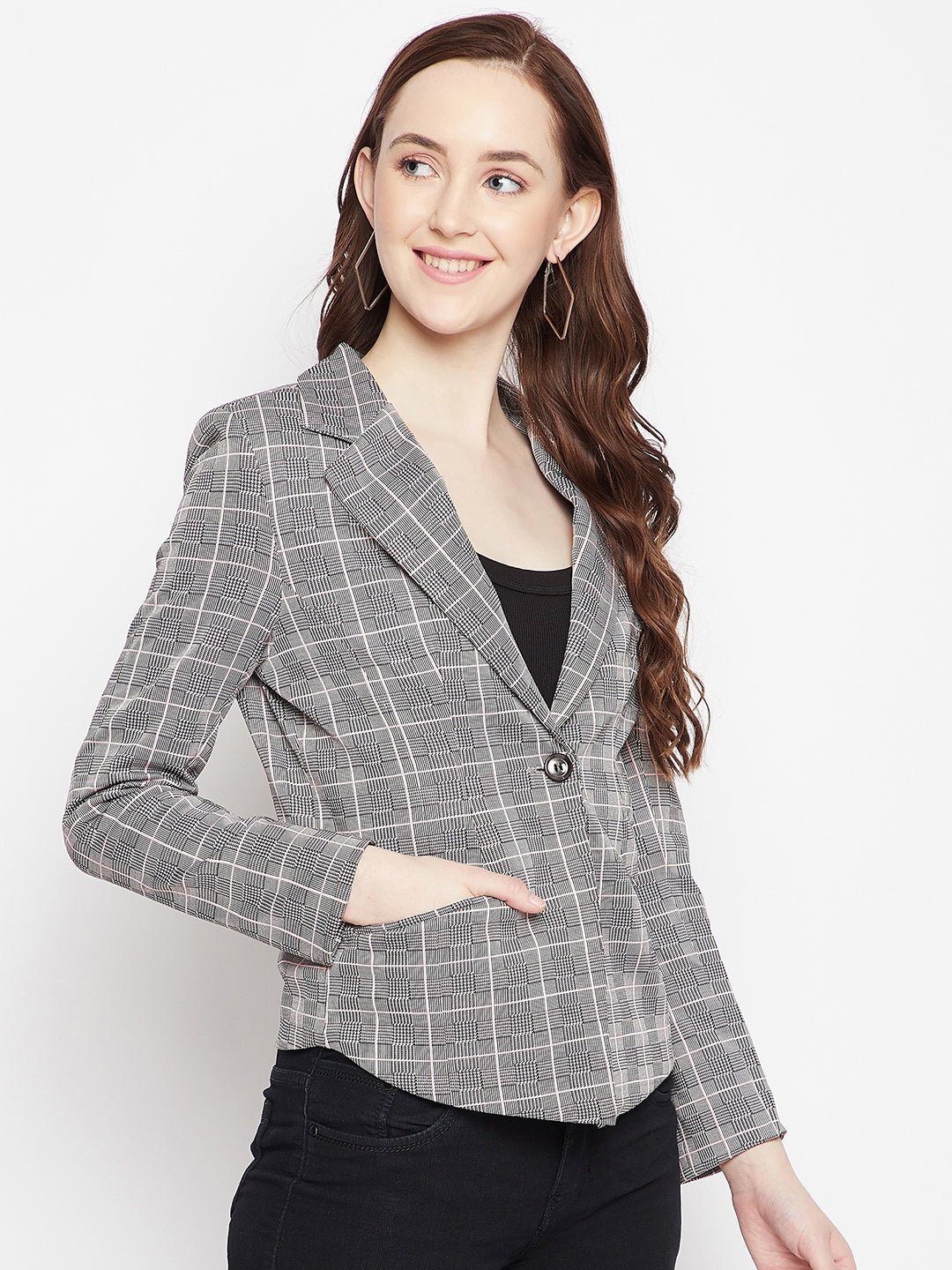 Grey Checked Notched Lapel Blazer - Women Blazer