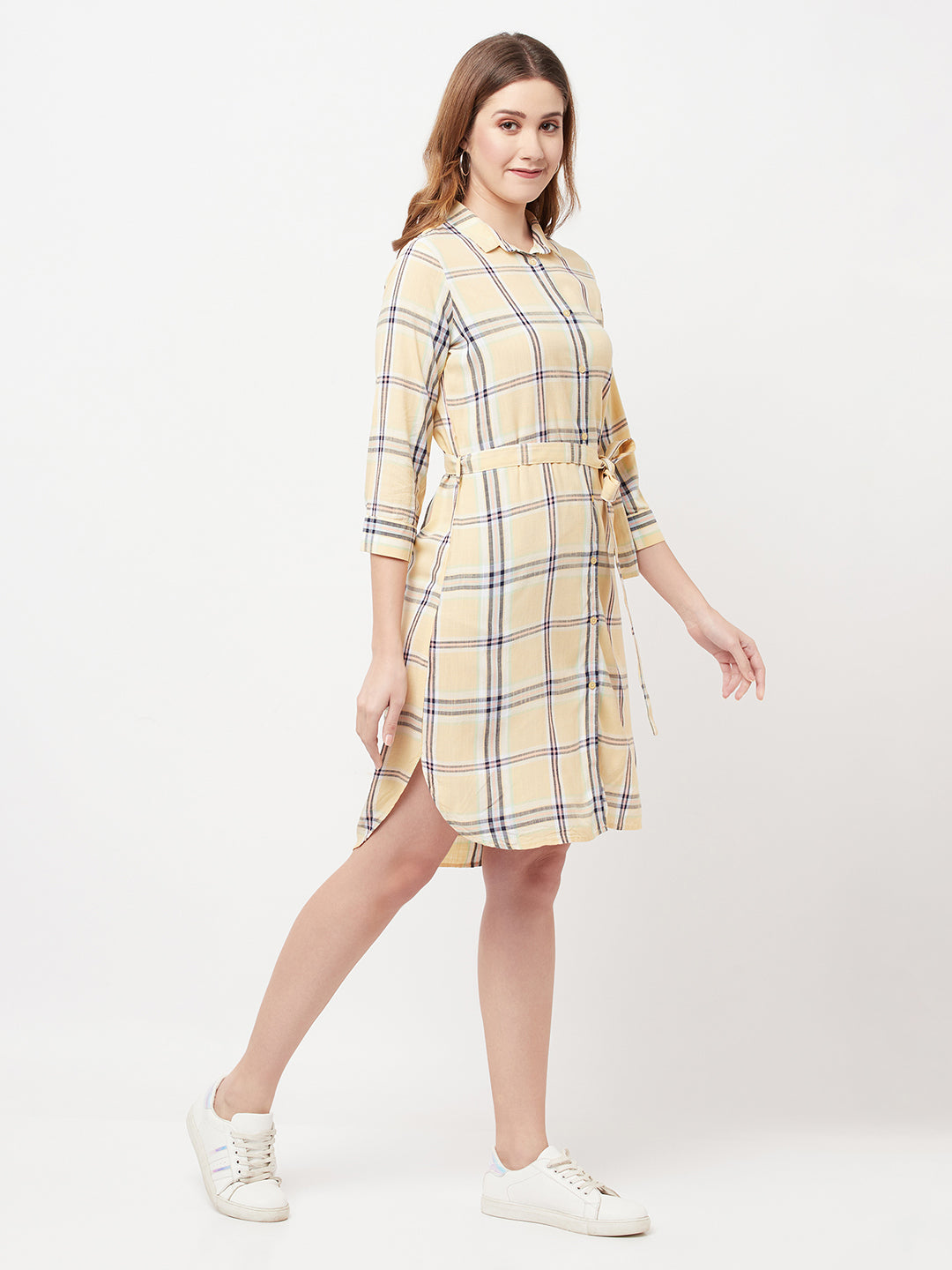 Beige Checked Shirt Dress - Women Dresses