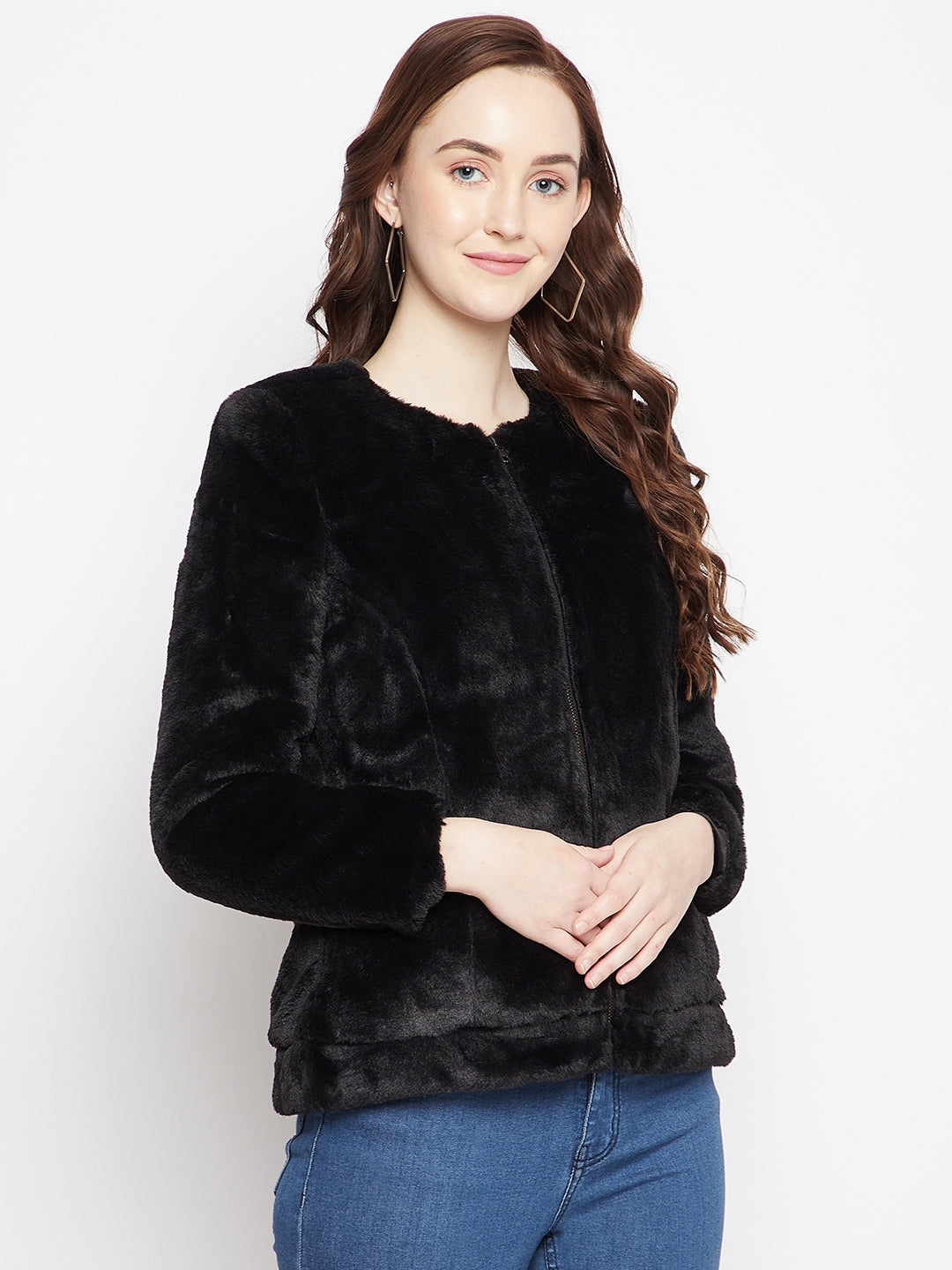 Black Round Neck Fur Blazer - Women Blazer