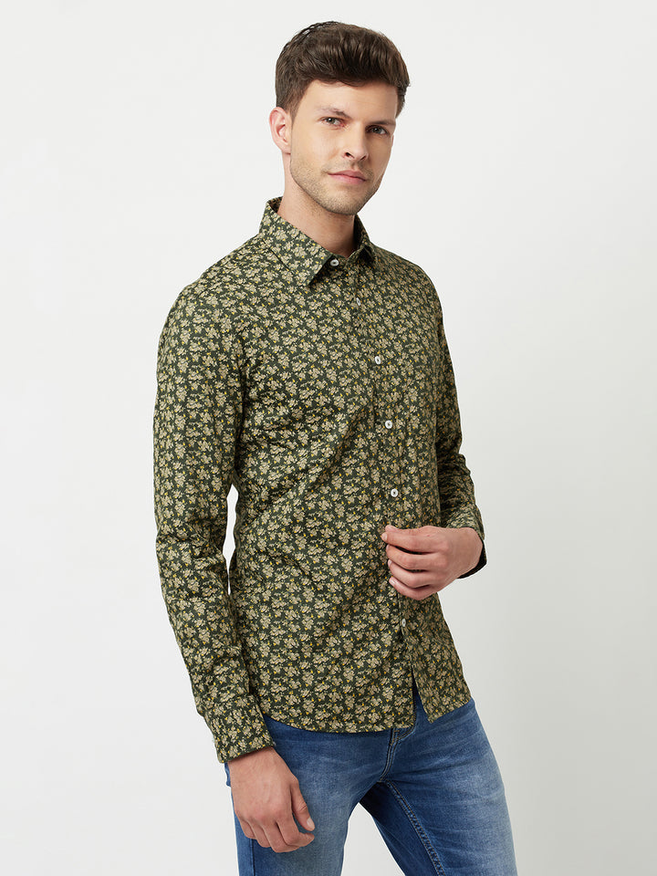 Olive Floral Printed Shirt-Men Shirts-Crimsoune Club