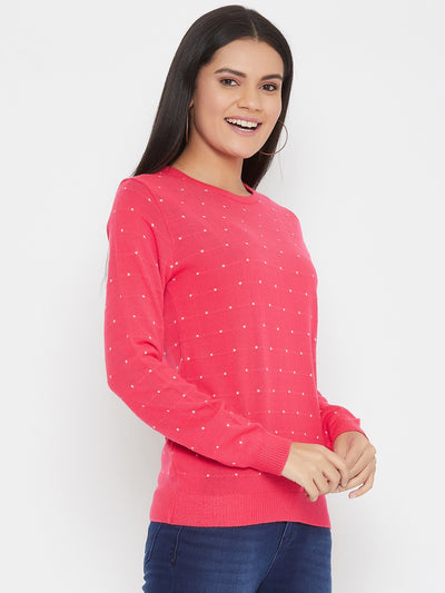 Pink Printed Round Neck Sweater - Women Sweaters