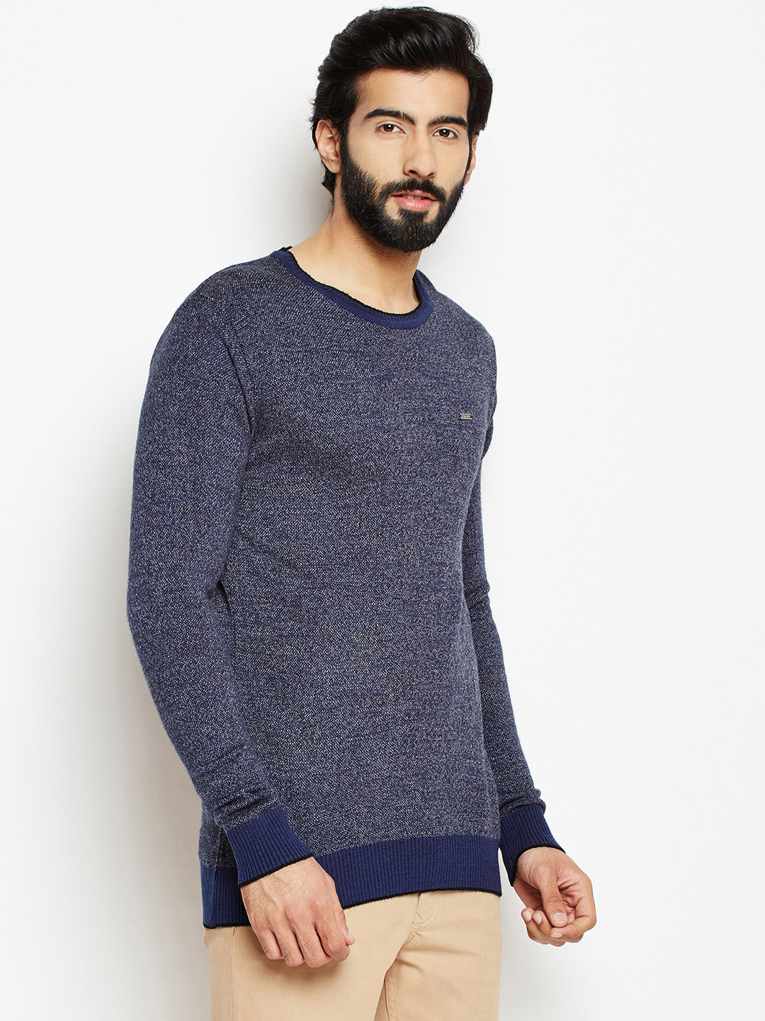 Blue Solid Round Neck Sweaters-Men Sweaters-Crimsoune Club