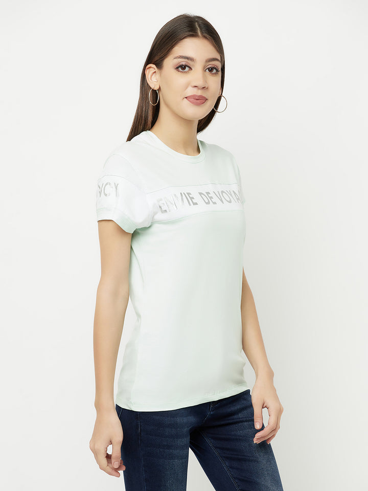 Mint Green Printed Round Neck T-Shirt - Women T-Shirts