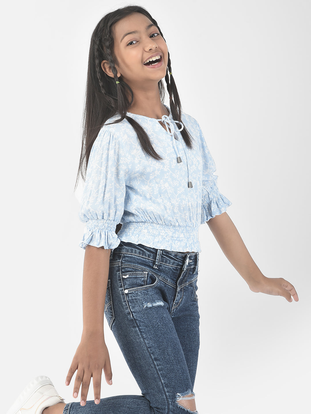  Cropped Sky Blue Floral Print Top