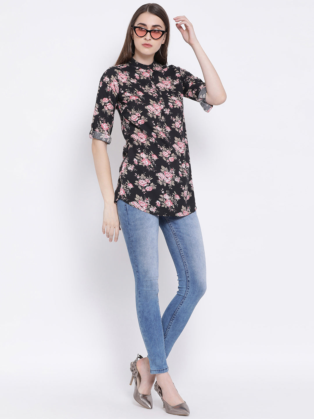 Navy Blue Printed Mandarin Collar Slim Fit Shirt - Women Shirts