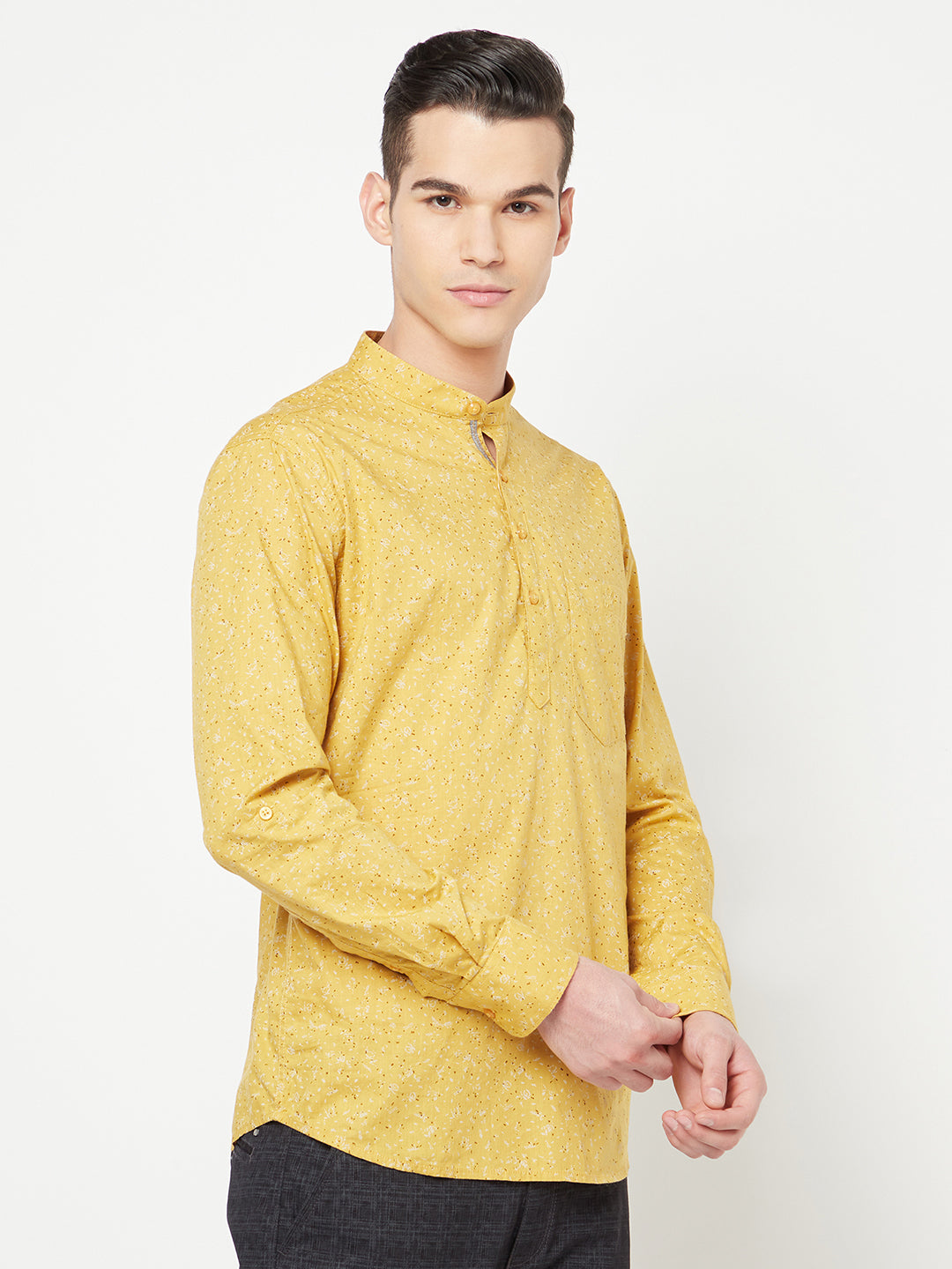 Yellow Floral Printed Kurta - Men Kurtas