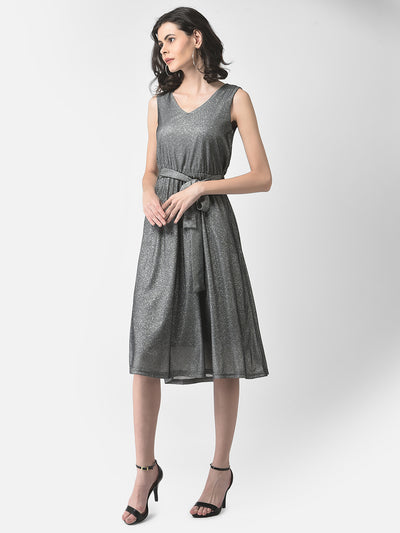 Grey Belted Shimmer Dress-Women Dresses-Crimsoune Club