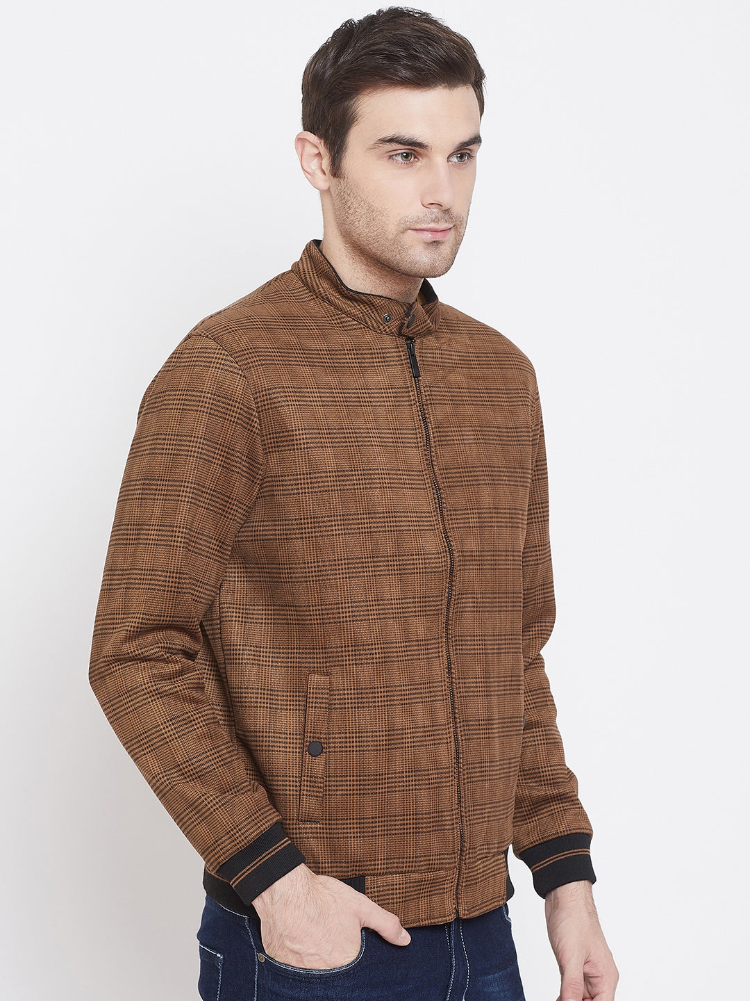 Brown Checked Mock Neck Jackets-Mens Jacket-Crimsoune Club