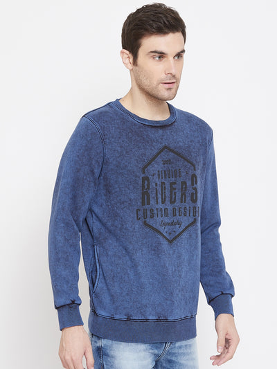 Blue Printed Round Neck Sweatshirt - Men Sweatshirts