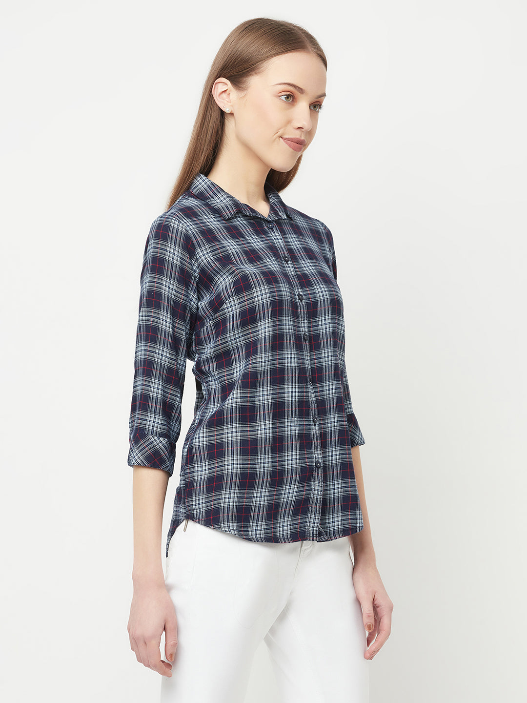 Navy Blue Tartan Checks Shirt - Women Tops