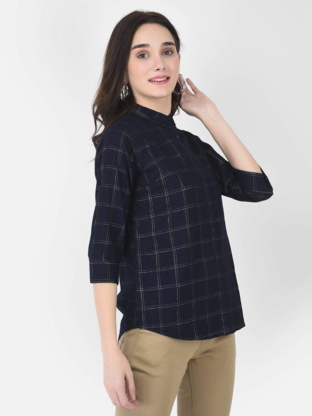 Navy Blue Checked Shirt - Women Shirts