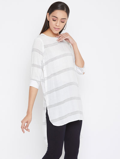 White Checked Round Neck Top - Women Tops