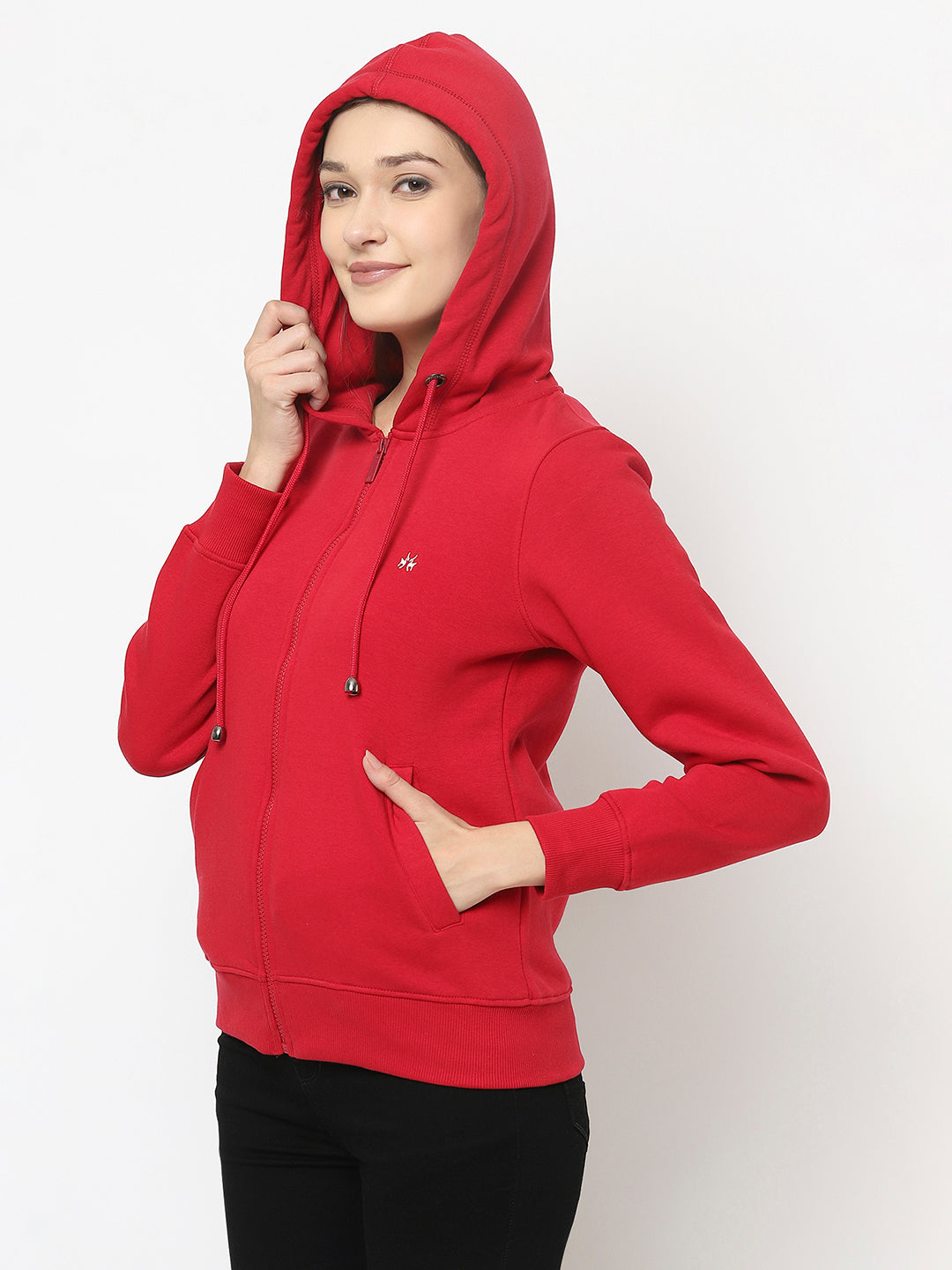 Red Open-Front Sweatshirt with Hooded Neck