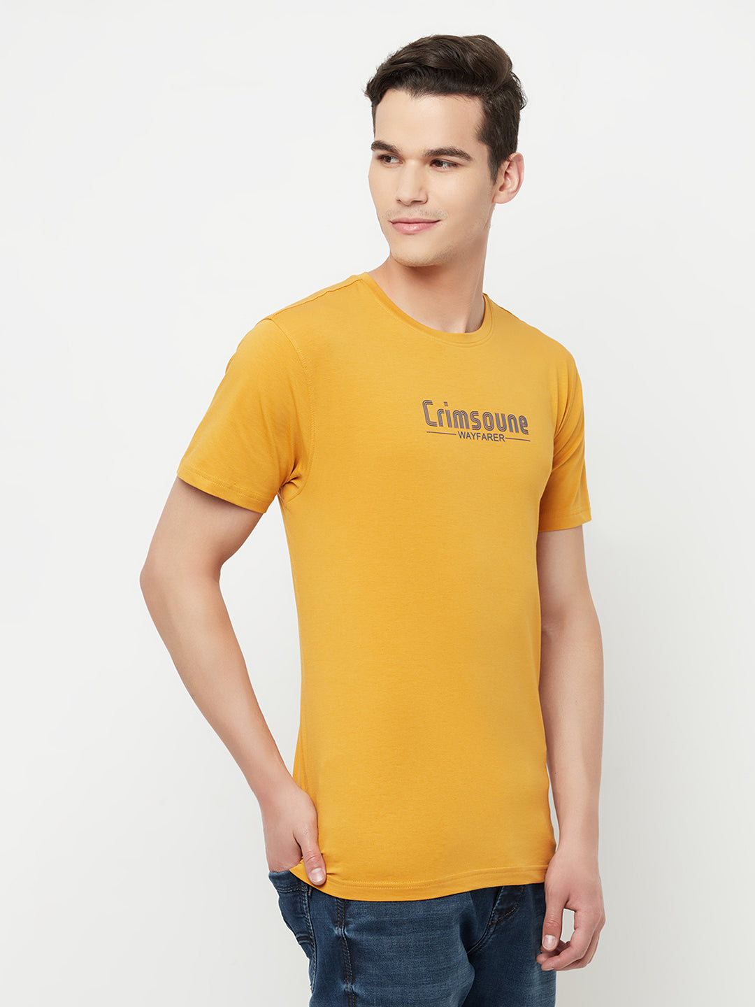 Mustard Printed Round Neck T-Shirt - Men T-Shirts