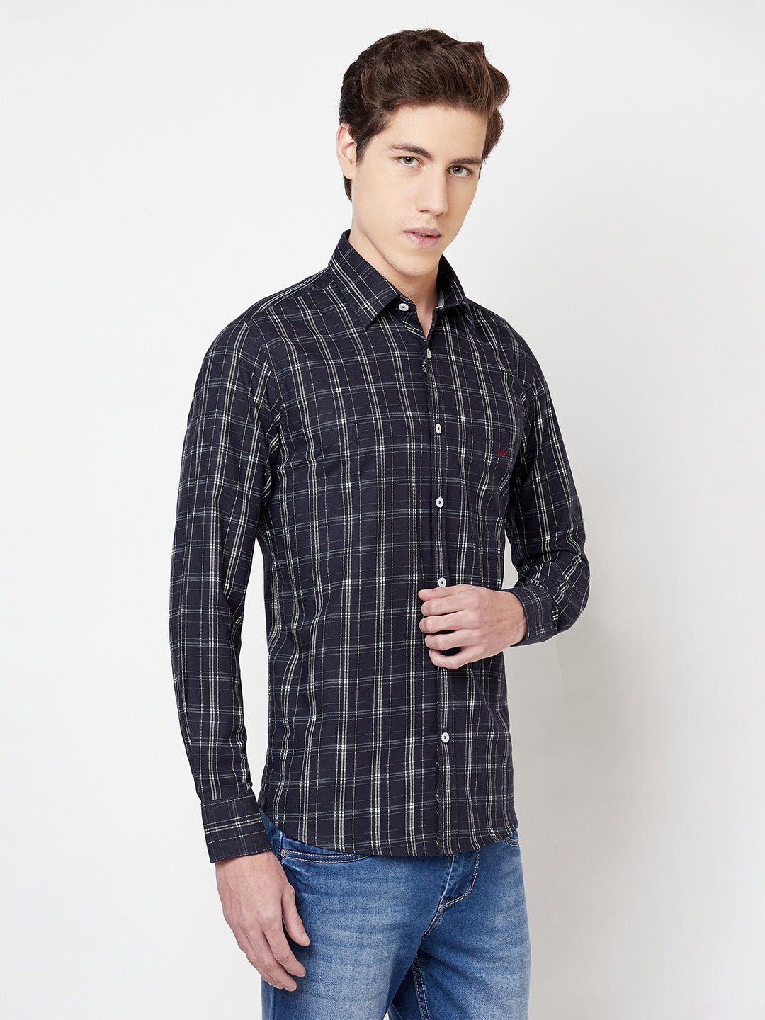 Navy Blue Checked Shirt - Men Shirts